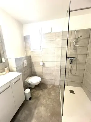 a bathroom with a toilet and a glass shower at Les hameaux de Saint Cyprien - appartement avec jardin et piscine in Lecci