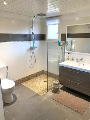 a bathroom with a shower and a toilet and a sink at Charmant appartement 3 étoiles entièrement rénové 
