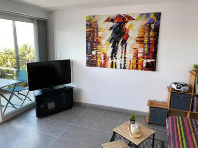a living room with a tv and a painting on the wall at Charmant appartement 3 étoiles entièrement rénové 