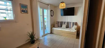 a living room with a couch and a tv at Appartement VOILES BLANCHES-Clim-Wifi-Plage a pieds in Sari Solenzara