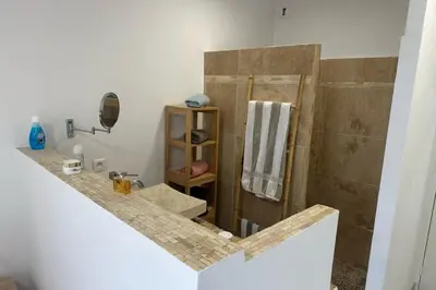 a bathroom with a shower with a sink and a mirror at Cosy T2 vue mer climatisé wifi et tout équipé refait à neuf in Ajaccio