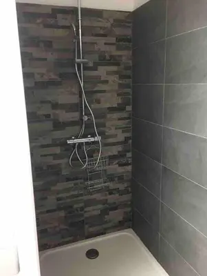 a shower in a bathroom with a brick wall at Beautiful apartment U Mare sea and mountain view in Sari Solenzara