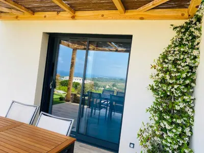 a patio with a table and chairs and a plant at Beautiful apartment U Mare sea and mountain view in Sari Solenzara