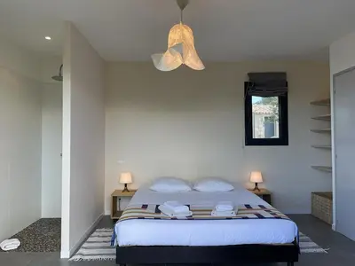 a bedroom with a bed and a chandelier at A Casuccia in Zonza