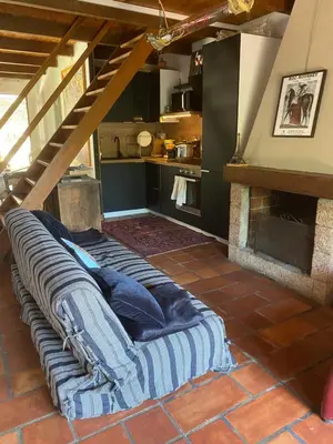 a couch sitting in a living room with a fireplace at Appartement cosy Vico in Vico