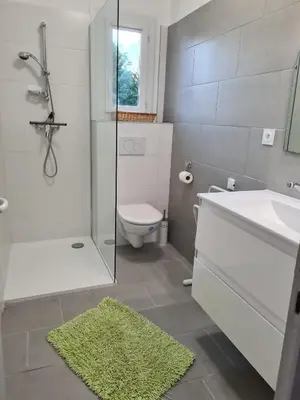 a bathroom with a shower sink and a toilet at Appartement confort in Île de Diane