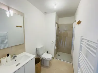 a white bathroom with a toilet and a shower at Appt Lumineux pieds dans l'eau N181 in Linguizzetta