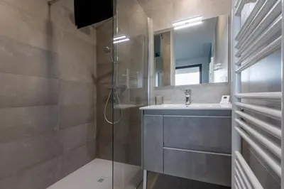 a bathroom with a shower and a sink at Le Calypso B01 - Climatisé avec vue mer in Grosseto-Prugna