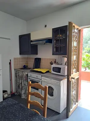 a kitchen with a washing machine and a microwave at Appartements Luccisano in Borgo