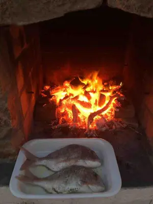 two fish on a plate in a fire oven at Casetta indipendente con vista a Santa Giulia in Porto-Vecchio