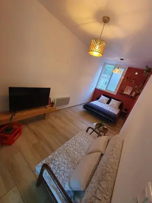 a living room with a couch and a flat screen tv at studio cosy idéalement situé parking privé in Ajaccio