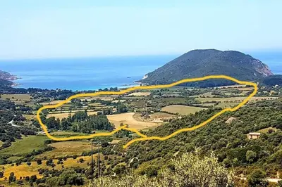 a winding road on a hill with the ocean in the background at Ferme de Chiuni in Cargèse