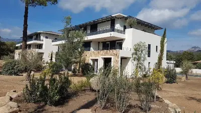 a large white house with trees in front of it at T3 Tout confort à 5 mn des plages de Pinarello in Pinarellu