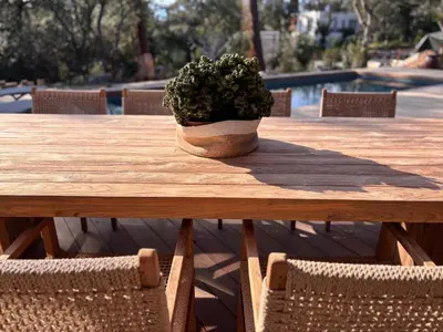 a wooden table with a potted plant on top of it at Villa L'Immortelle in Lecci
