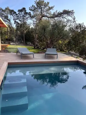 two benches sitting next to a swimming pool at Villa L'Immortelle in Lecci
