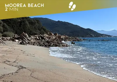 a beach with a bunch of sand and the ocean at Les Sanguinaires N'7 - T2 Vue Mer, Piscine & Plage in Ajaccio