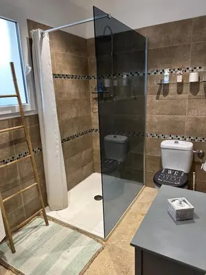 a bathroom with a shower and a toilet at villa avec jacuzzi privé proche plage in Solaro