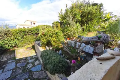 a garden with a stone path and plants at Beautiful T2 in residence with swimming pools in Grosseto-Prugna