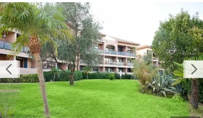 a palm tree in a yard in front of a building at Les Marines de Moriani in San-Nicolao