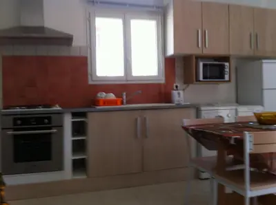 a kitchen with wooden cabinets and a stove top oven at U Paesu in Zonza