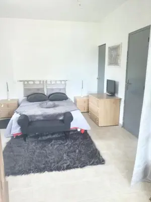 a bedroom with a bed with a black rug at Fozzano in Fozzano