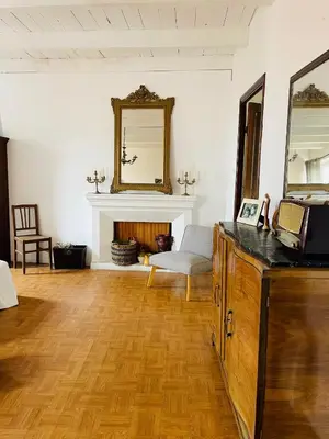 a living room with a mirror and a fireplace at Grande Maison de village ZONZA in Zonza