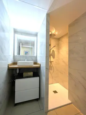 a bathroom with a sink and a shower at Appartement cosy Vue Mer et Montagne in Sari Solenzara