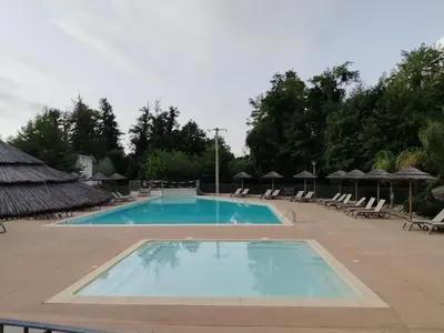 a large swimming pool with lounge chairs and umbrellas at Appartement avec jardin piscine et plage 100 m in Poggio-Mezzana