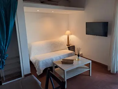 a bedroom with a bed and a table and a tv at Appartement T2 in Pietrosella