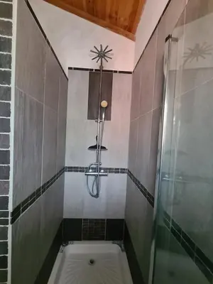 a bathroom with a shower and a tub at Casa Ghjadda - gite ombragé avec accès piscine - in Appietto
