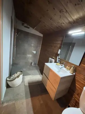 a bathroom with a shower and a sink and a toilet at Chalet studio in Porto Ota