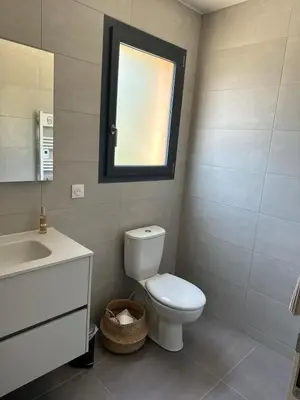 a bathroom with a toilet and a sink and a mirror at Casa Juliette Maison bois in Aléria