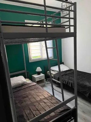 two bunk beds in a room with green walls at Le petit mauricia in San-Nicolao