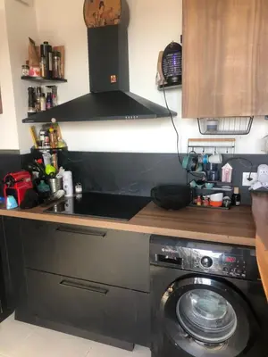 a kitchen with a washing machine and a stove at T3 Baie de Calvi jardin panoramique vue mer in Calenzana