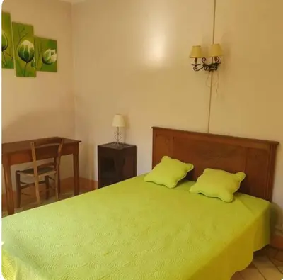 a bedroom with a green bed with two pillows at Appartement Caprunale Rivière & Maquis in Manso