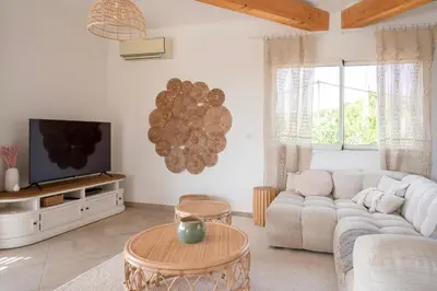 a living room with a couch and a tv at Villa avec piscine et vue mer à 230m de la plage in Zonza
