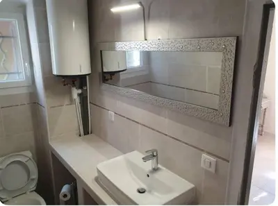 a bathroom with a sink and a toilet and a mirror at Appartement Saltare Rivière & maquis in Manso