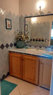 a bathroom with a sink and a mirror at 2 pièces accès direct plage in Sainte-Lucie de Porto-Vecchio