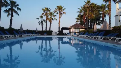 a large swimming pool with chairs and palm trees at Amikad'o in San-Nicolao