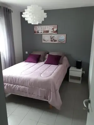 a bedroom with a bed with purple sheets and a chandelier at Villa en Corse sur la Côte Est in Santa-Maria-Poggio