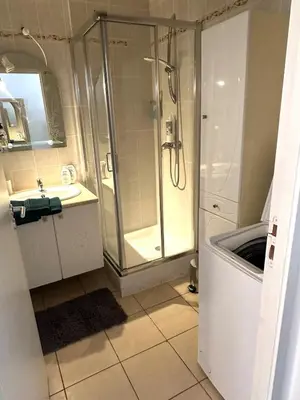 a bathroom with a shower and a sink at CASA LOUNA 2 Pièces à 150 m de la plage et du centre vile in Sari Solenzara