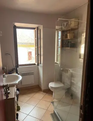 a bathroom with a toilet and a sink at Maison de village 3 chambres 2 SDB avec terrasse & jardin - Proche St Florent in Pieve