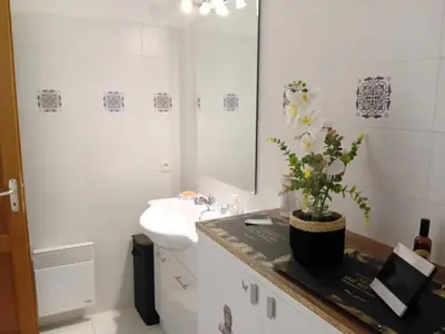 a bathroom with a sink and a toilet and a mirror at Villa de luxe en bord de mer Résidence Torra Mare a Prunete in Cervione