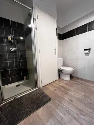 a bathroom with a shower and a toilet at Appartement plus place de parking en sous sol privatif in Ajaccio