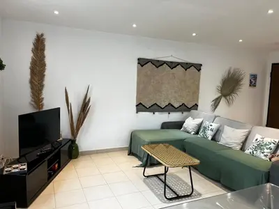 a living room with a couch and a tv at Appart, résidentiel penta-di-Casinca in Penta-di-Casinca