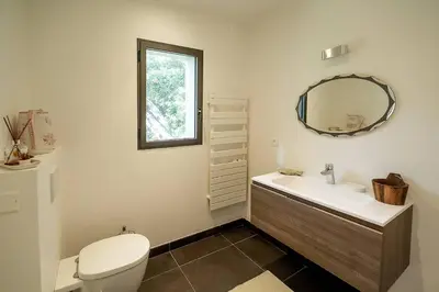 a bathroom with a toilet and a sink and a mirror at Belle villa 3 chambres au cœur du maquis in Porto-Vecchio