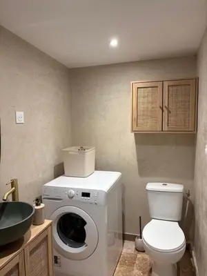 a bathroom with a toilet and a washing machine at Appartement 2 personnes les pieds dans l'eau in Vico
