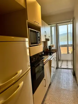 a kitchen with a microwave and a stove top oven at Studio cosy au cœur de Propriano in Propriano