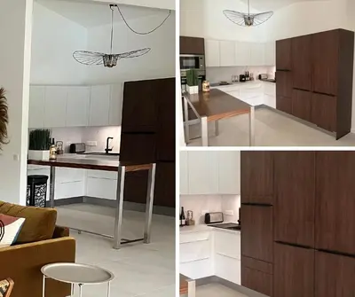 three different views of a kitchen and a living room at Villa Fiori Porto Vecchio avec piscine privée in Porto-Vecchio