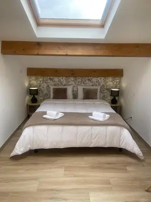 a bedroom with a large bed with a skylight at Petite maison de village in Bastelica